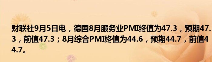 财联社9月5日电,德国8月服务业PMI终值为47.3,预期47.3,前值47.3;8月综合PMI终值为44.6,预期44.7,前值44.7。