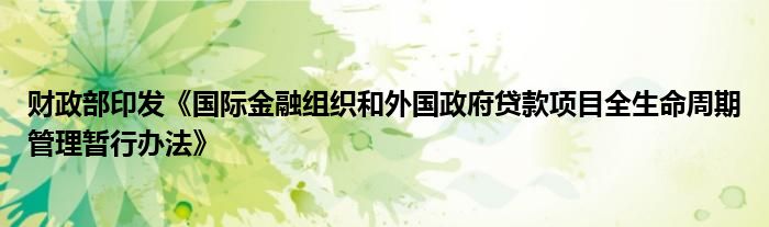 财政部印发《国际金融组织和外国政府贷款项目全生命周期管理暂行办法》