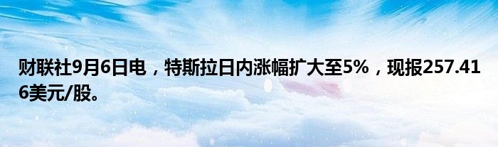 财联社9月6日电，特斯拉日内涨幅扩大至5%，现报257.416美元/股。
