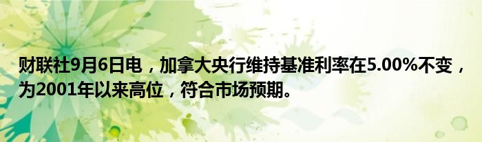 财联社9月6日电,加拿大央行维持基准利率在5.00%不变,为2001年以来高位,符合市场预期。