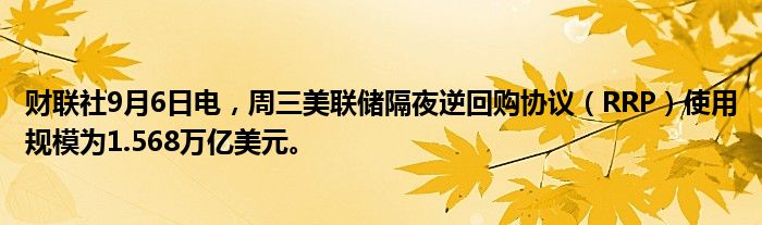 财联社9月6日电,周三美联储隔夜逆回购协议(RRP)使用规模为1.568万亿美元。