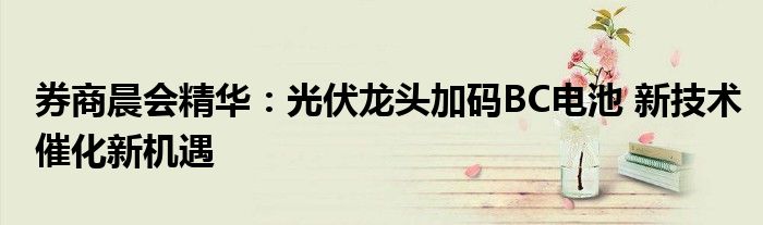 券商晨会精华:光伏龙头加码BC电池 新技术催化新机遇
