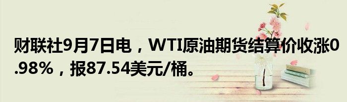 财联社9月7日电,WTI原油期货结算价收涨0.98%,报87.54美元/桶。