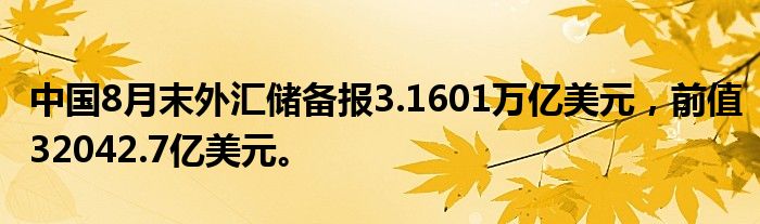 中国8月末外汇储备报3.1601万亿美元,前值32042.7亿美元。