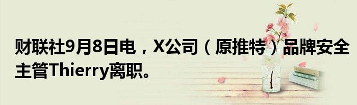 财联社9月8日电,X公司(原推特)品牌安全主管Thierry离职。