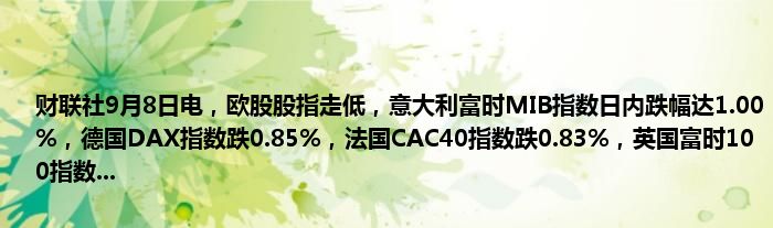 财联社9月8日电,欧股股指走低,意大利富时MIB指数日内跌幅达1.00%,德国DAX指数跌0.85%,法国CAC40指数跌0.83%,英国富时100指数...