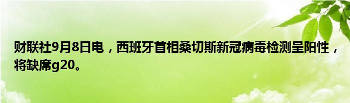 财联社9月8日电,西班牙首相桑切斯新冠病毒检测呈阳性,将缺席g20。