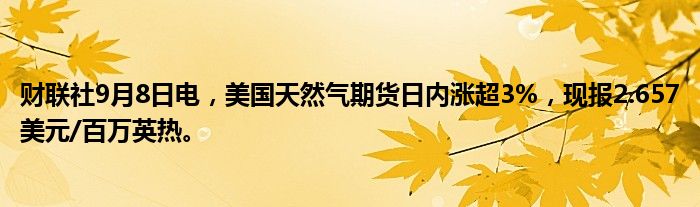 财联社9月8日电,美国天然气期货日内涨超3%,现报2.657美元/百万英热。