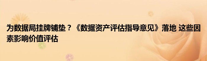 为数据局挂牌铺垫?《数据资产评估指导意见》落地 这些因素影响价值评估