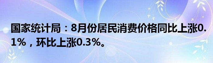 国家统计局:8月份居民消费价格同比上涨0.1%,环比上涨0.3%。