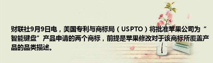 财联社9月9日电,美国专利与商标局(USPTO)将批准苹果公司为“智能键盘”产品申请的两个商标,前提是苹果修改对于该商标所覆盖产品的品类描述。