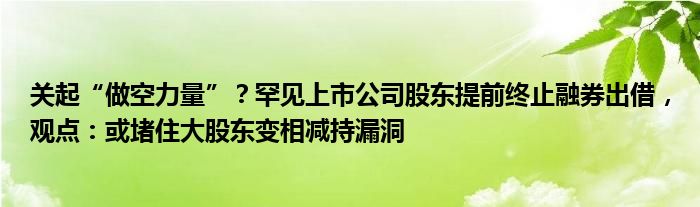 关起“做空力量”?罕见上市公司股东提前终止融券出借,观点:或堵住大股东变相减持漏洞