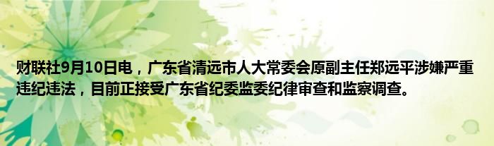 财联社9月10日电,广东省清远市人大常委会原副主任郑远平涉嫌严重违纪违法,目前正接受广东省纪委监委纪律审查和监察调查。