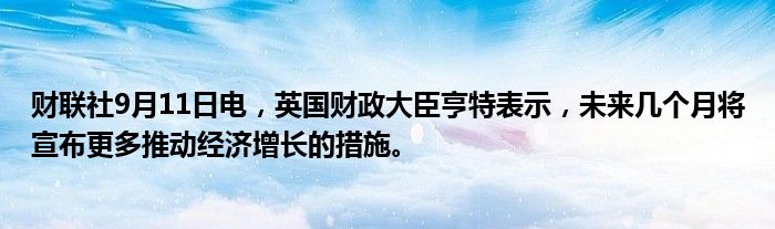 财联社9月11日电,英国财政大臣亨特表示,未来几个月将宣布更多推动经济增长的措施。