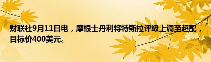 财联社9月11日电,摩根士丹利将特斯拉评级上调至超配,目标价400美元。