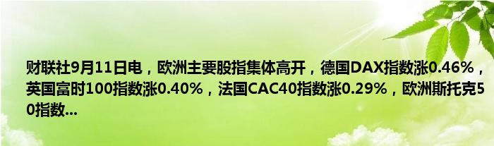 财联社9月11日电,欧洲主要股指集体高开,德国DAX指数涨0.46%,英国富时100指数涨0.40%,法国CAC40指数涨0.29%,欧洲斯托克50指数...