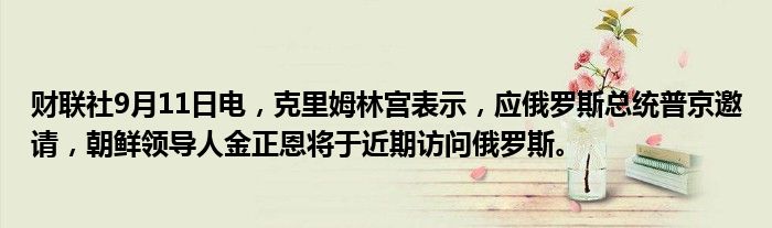 财联社9月11日电,克里姆林宫表示,应俄罗斯总统普京邀请,朝鲜领导人金正恩将于近期访问俄罗斯。