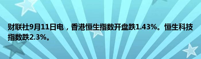财联社9月11日电,香港恒生指数开盘跌1.43%。恒生科技指数跌2.3%。