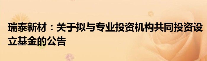 瑞泰新材:关于拟与专业投资机构共同投资设立基金的公告
