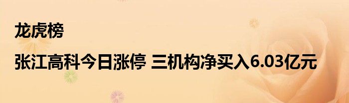 龙虎榜|张江高科今日涨停 三机构净买入6.03亿元