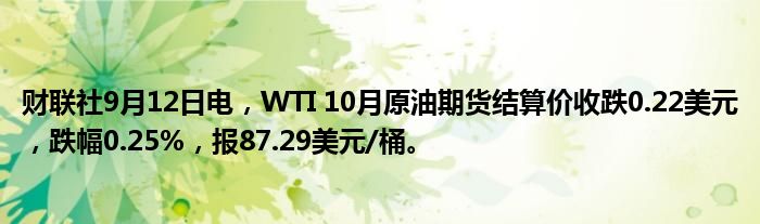 财联社9月12日电，WTI 10月原油期货结算价收跌0.22美元，跌幅0.25%，报87.29美元/桶。