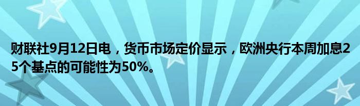 财联社9月12日电,货币市场定价显示,欧洲央行本周加息25个基点的可能性为50%。