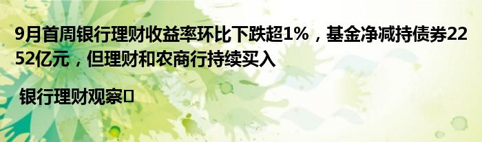 9月首周银行理财收益率环比下跌超1%,基金净减持债券2252亿元,但理财和农商行持续买入 | 银行理财观察㉔