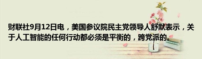 财联社9月12日电，美国参议院民主党领导人舒默表示，关于人工智能的任何行动都必须是平衡的，跨党派的。