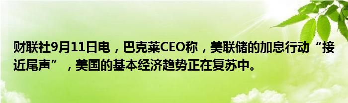 财联社9月11日电,巴克莱CEO称,美联储的加息行动“接近尾声”,美国的基本经济趋势正在复苏中。