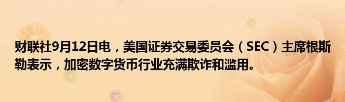 财联社9月12日电,美国证券交易委员会(SEC)主席根斯勒表示,加密数字货币行业充满欺诈和滥用。