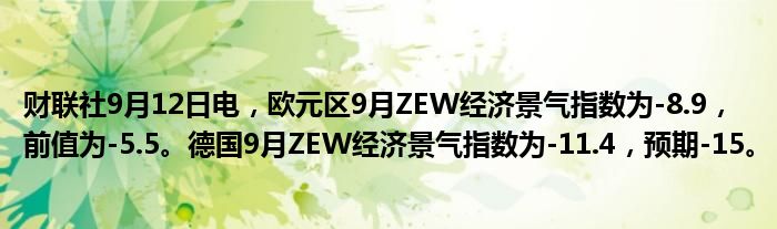 财联社9月12日电,欧元区9月ZEW经济景气指数为-8.9,前值为-5.5。德国9月ZEW经济景气指数为-11.4,预期-15。