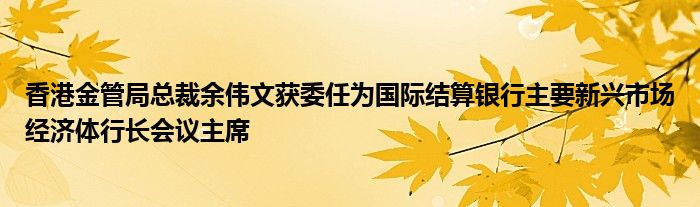 香港金管局总裁余伟文获委任为国际结算银行主要新兴市场经济体行长会议主席