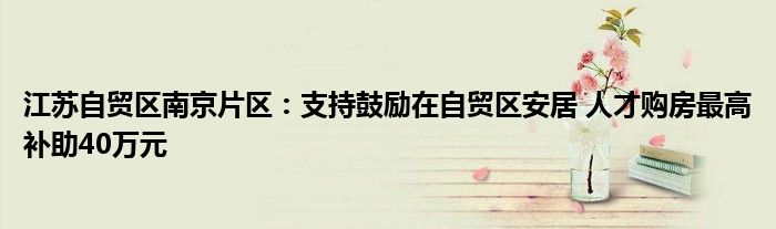 江苏自贸区南京片区:支持鼓励在自贸区安居 人才购房最高补助40万元