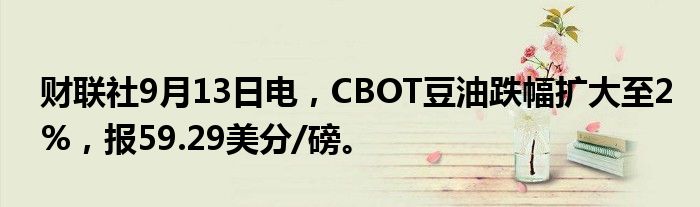 财联社9月13日电,CBOT豆油跌幅扩大至2%,报59.29美分/磅。