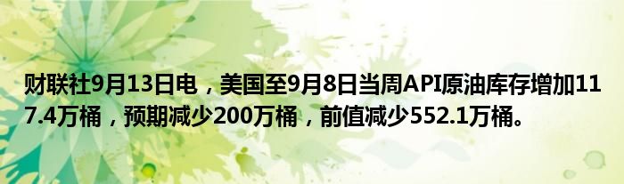 财联社9月13日电,美国至9月8日当周API原油库存增加117.4万桶,预期减少200万桶,前值减少552.1万桶。