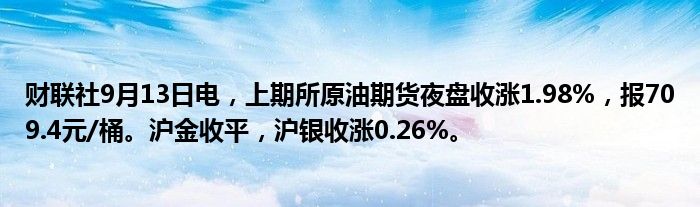 财联社9月13日电,上期所原油期货夜盘收涨1.98%,报709.4元/桶。沪金收平,沪银收涨0.26%。