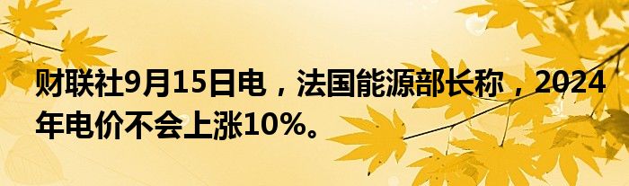 财联社9月15日电,法国能源部长称,2024年电价不会上涨10%。