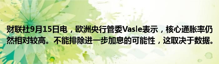 财联社9月15日电,欧洲央行管委Vasle表示,核心通胀率仍然相对较高。不能排除进一步加息的可能性,这取决于数据。