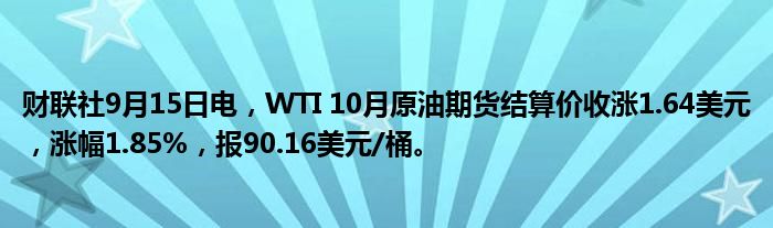 财联社9月15日电,WTI 10月原油期货结算价收涨1.64美元,涨幅1.85%,报90.16美元/桶。