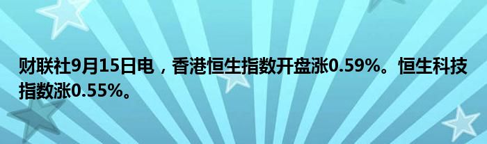 财联社9月15日电,香港恒生指数开盘涨0.59%。恒生科技指数涨0.55%。