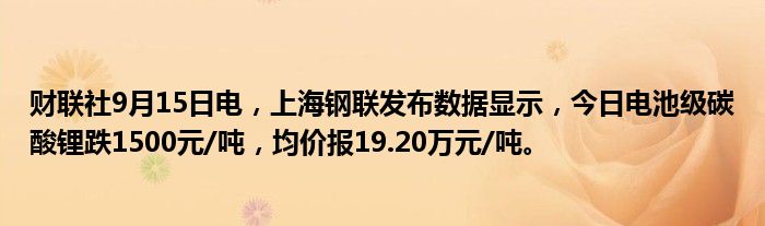 财联社9月15日电,上海钢联发布数据显示,今日电池级碳酸锂跌1500元/吨,均价报19.20万元/吨。
