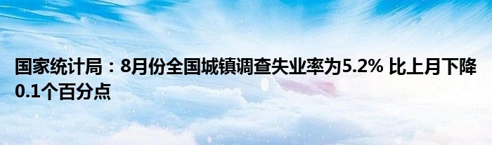 国家统计局:8月份全国城镇调查失业率为5.2% 比上月下降0.1个百分点