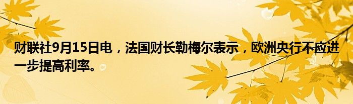 财联社9月15日电,法国财长勒梅尔表示,欧洲央行不应进一步提高利率。