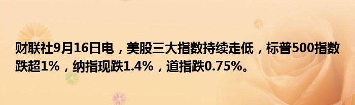 财联社9月16日电,美股三大指数持续走低,标普500指数跌超1%,纳指现跌1.4%,道指跌0.75%。