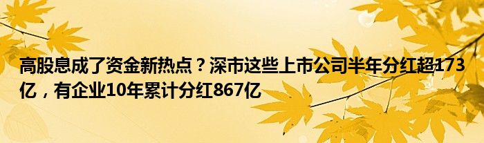 高股息成了资金新热点？深市这些上市公司半年分红超173亿，有企业10年累计分红867亿