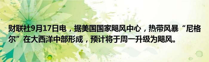 财联社9月17日电,据美国国家飓风中心,热带风暴“尼格尔”在大西洋中部形成,预计将于周一升级为飓风。