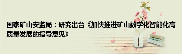 国家矿山安监局:研究出台《加快推进矿山数字化智能化高质量发展的指导意见》