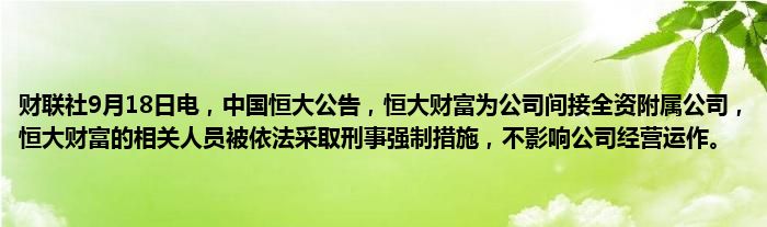 财联社9月18日电,中国恒大公告,恒大财富为公司间接全资附属公司,恒大财富的相关人员被依法采取刑事强制措施,不影响公司经营运作。