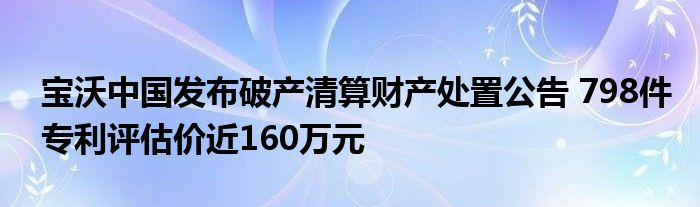 宝沃中国发布破产清算财产处置公告 798件专利评估价近160万元