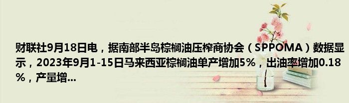 财联社9月18日电,据南部半岛棕榈油压榨商协会(SPPOMA)数据显示,2023年9月1-15日马来西亚棕榈油单产增加5%,出油率增加0.18%,产量增...